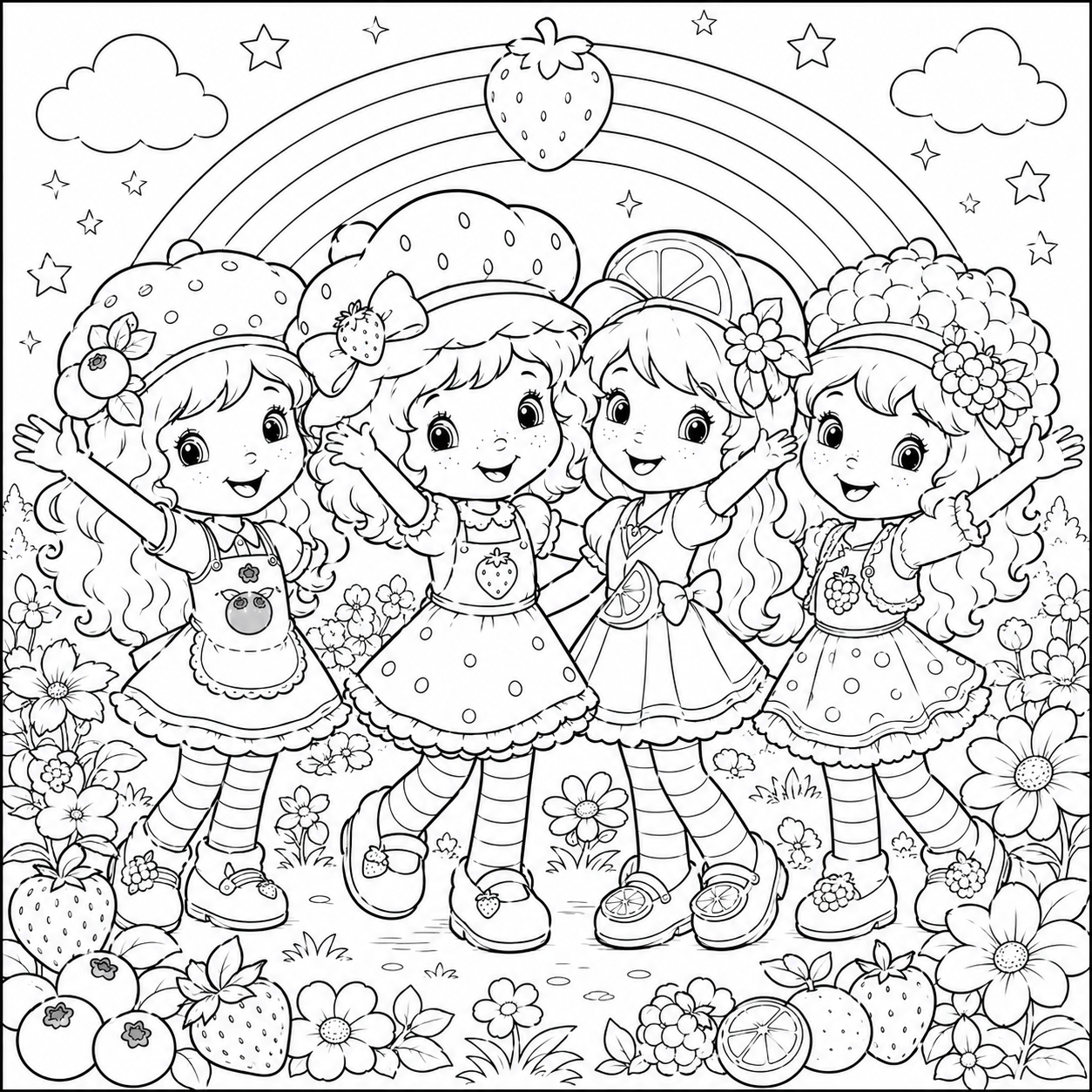Strawberry Shortcake Full Friends Group Scene coloring page with Lemon Meringue, Blueberry Muffin, and Raspberry Torte